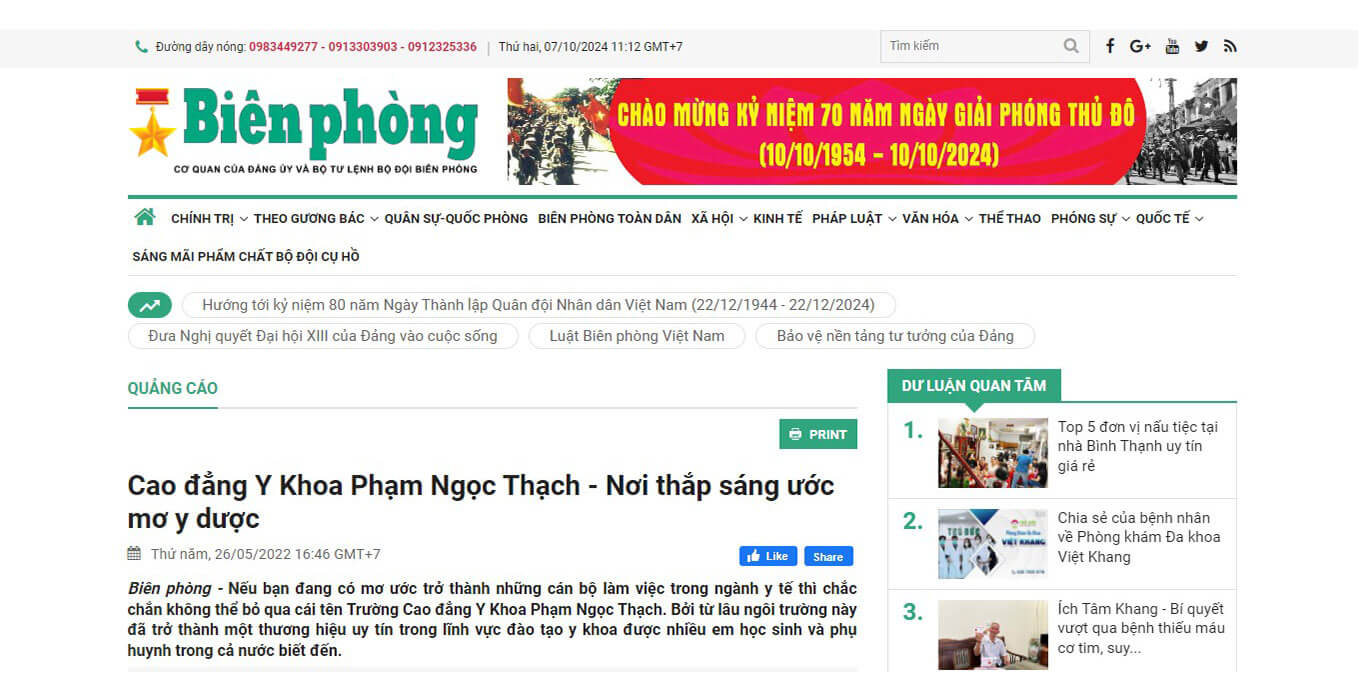 Báo Biên Phòng nói về Trường Cao đẳng Y Khoa Phạm Ngọc Thạch