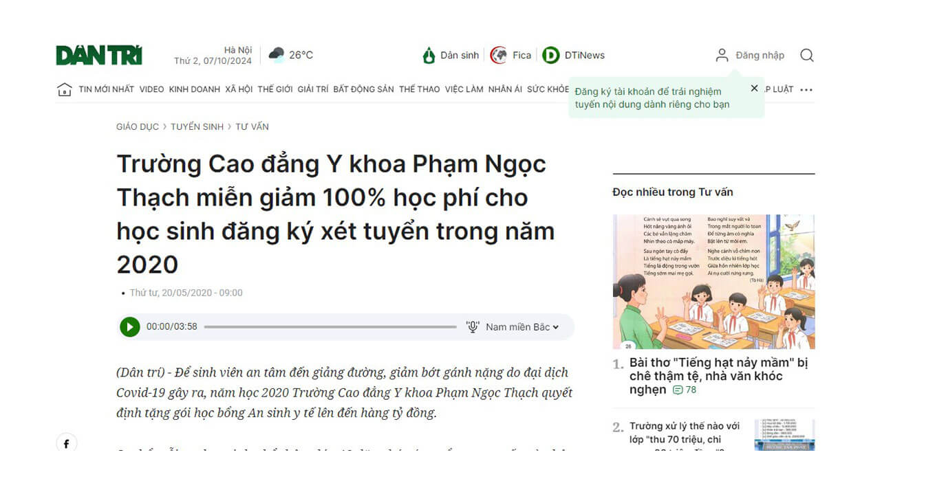 Báo Dân Trí nói về Trường Cao đẳng Y Khoa Phạm Ngọc Thạch