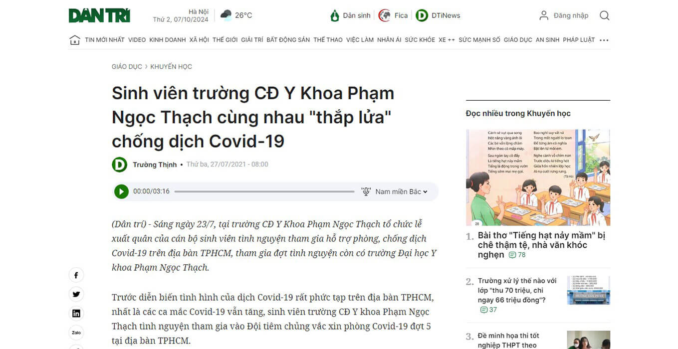 Báo Dân Trí nói về Trường Cao đẳng Y Khoa Phạm Ngọc Thạch chống dịch Covid19