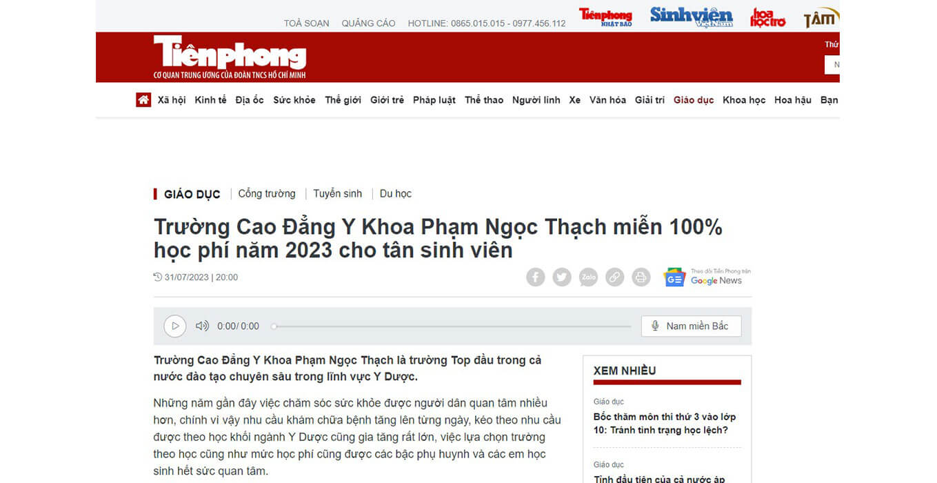 Báo Tiền Phong nói về Trường Cao đẳng Y Khoa Phạm Ngọc Thạch