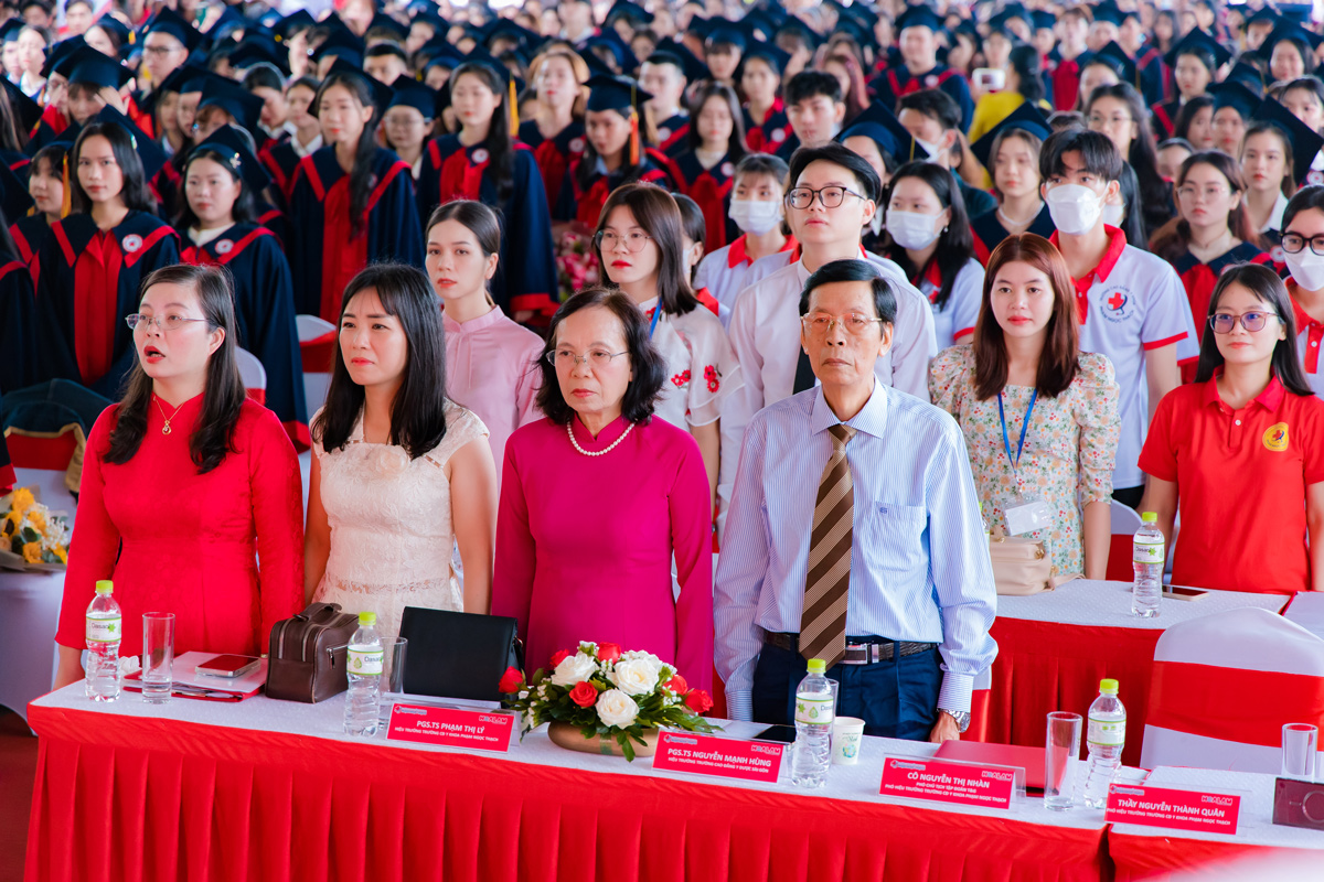 Quý đại biểu, Ban lãnh đạo, Thầy cô cùng toàn thể sinh viên thực hiện nghi lễ chào cờ